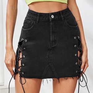 Lace Up Black Denim Skirt, S= US 4